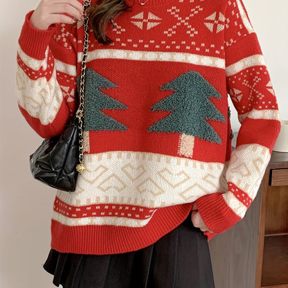 Vzyzv Christmas Pattern Crew Neck Pullover Sweater, Casual Long Sleeve Drop Shoulder Sweater, Women's Clothing