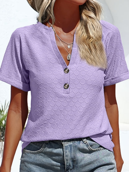 Vzyzv Eyelet Button Front V Neck T-Shirt, Casual Short Sleeve Top For Spring & Summer, Women's Clothing