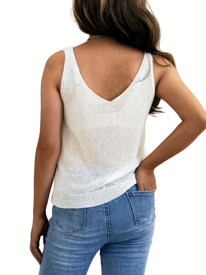 Vzyzv Button Cable Knit Tank Top, Casual V-neck Sleeveless Tank Top For Summer, Women's Clothing