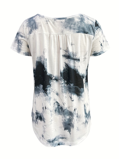 Vzyzv Tie Dye Button Front T-Shirt, Casual Short Sleeve T-Shirt For Spring & Summer, Women's Clothing