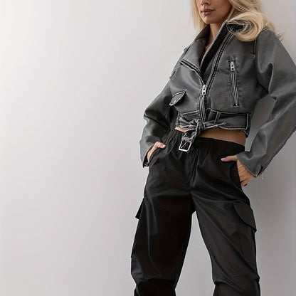 vzyzv  Cropped Faux Leather Biker Jacket, Vintage Slant Pockets Belt Decor Jacket, Women's Clothing