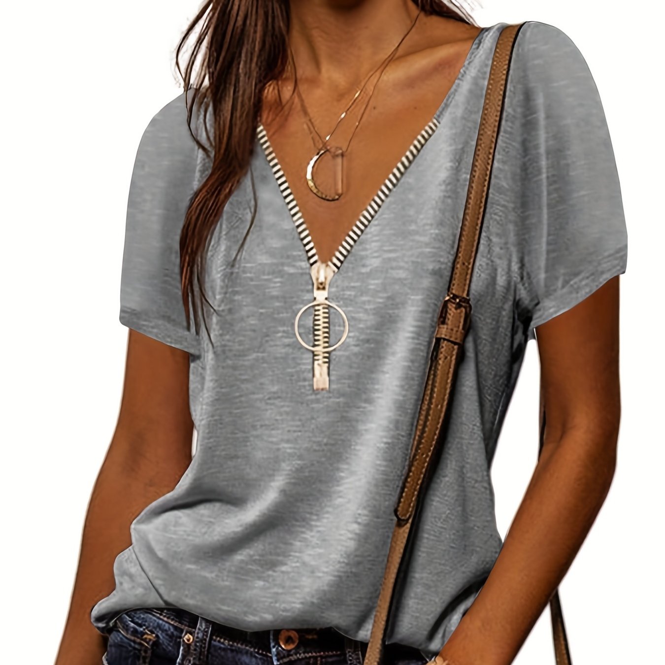 Vzyzv Casual V-neck Zipper T-shirt, Loose Short Sleeve Fashion Summer T-Shirts Tops, Women's Clothing