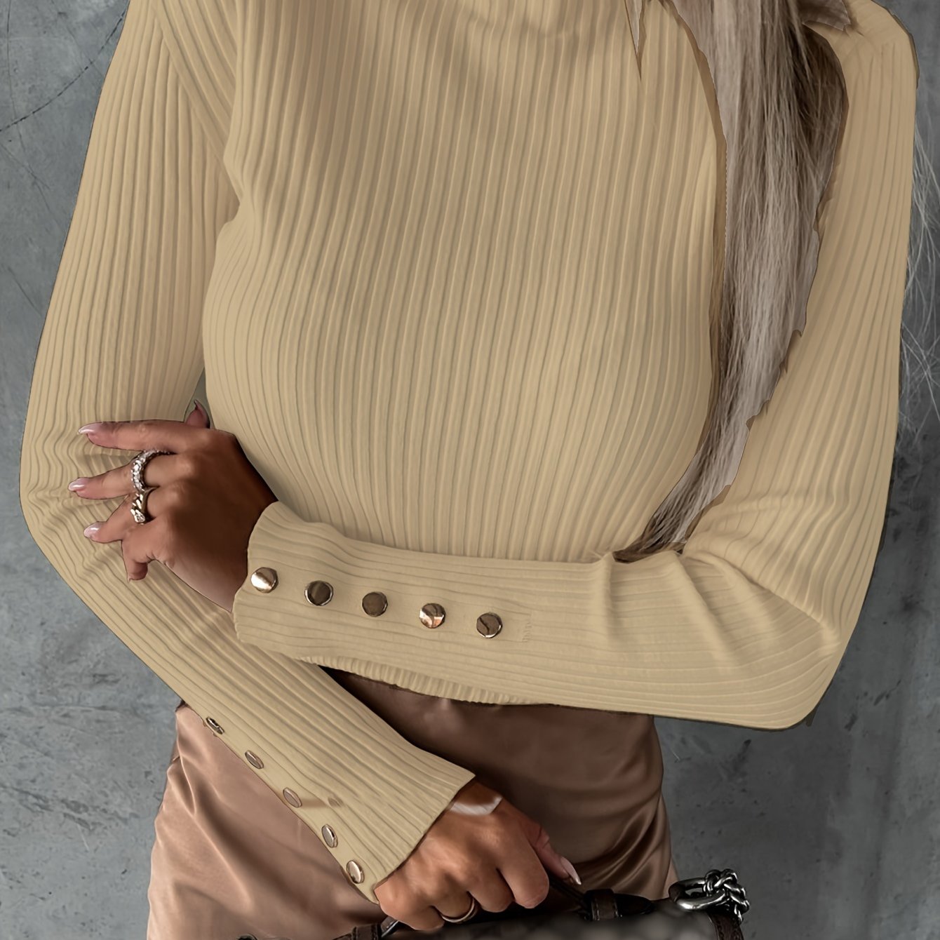 Vzyzv High Neck Ribbed Thin Fabric Top, Casual Button Long Sleeve Pullover, Women's Clothing