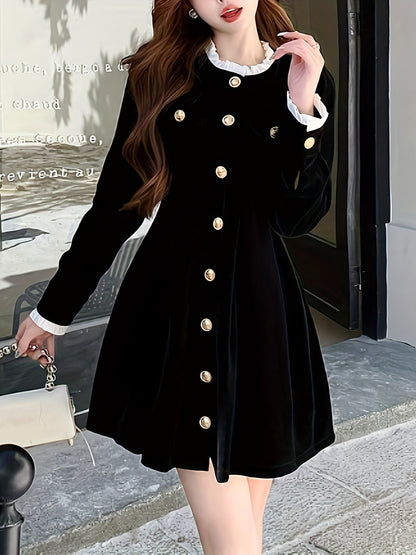 Vzyzv Solid Button Front Waist Velvet Dress, Elegant Long Sleeve Frill Trim Dress, Women's Clothing