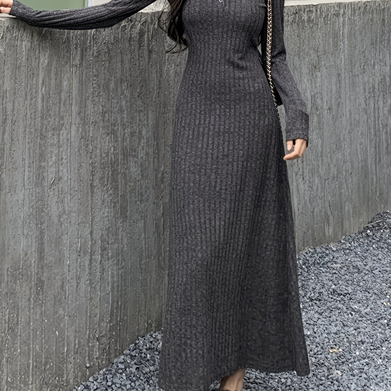 Vzyzv Button Front Lapel Neck Ribbed Dress, Chic Solid Color Long Sleeve Dress For Fall & Winter, Women's Clothing