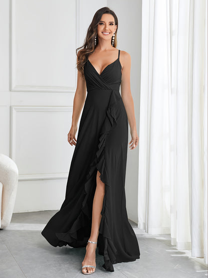 vzyzv  Solid Ruffle Trim V-neck Cami Dress, Elegant Sleeveless Slim Dress For Banquet & Party, Women's Clothing