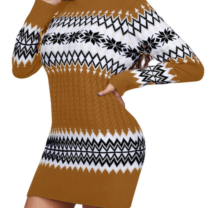 Vzyzv Christmas Turtleneck Sweater Dress, Long Sleeve Sweater Dress, Casual Sweater Dress For Fall & Winter, Women's Clothing