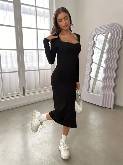 Vzyzv Solid Side Split Dress, Casual Slim Long Sleeve Midi Dress, Women's Clothing