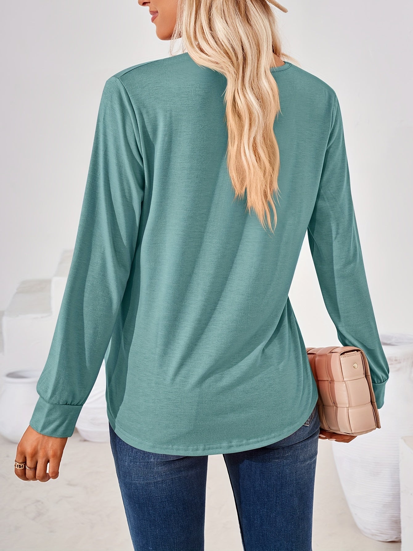 Vzyzv Solid Square Long Sleeve T-Shirt, Casual T-Shirt For Spring & Fall, Women's Clothing