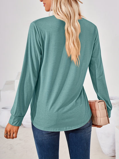 Vzyzv Solid Square Long Sleeve T-Shirt, Casual T-Shirt For Spring & Fall, Women's Clothing