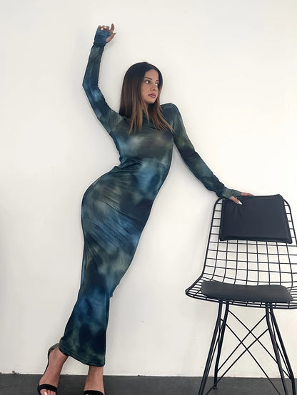 Vzyzv Tie Dye Long Sleeve Bodycon Dress, Y2K Crew Neck Maxi Dress, Women's Clothing