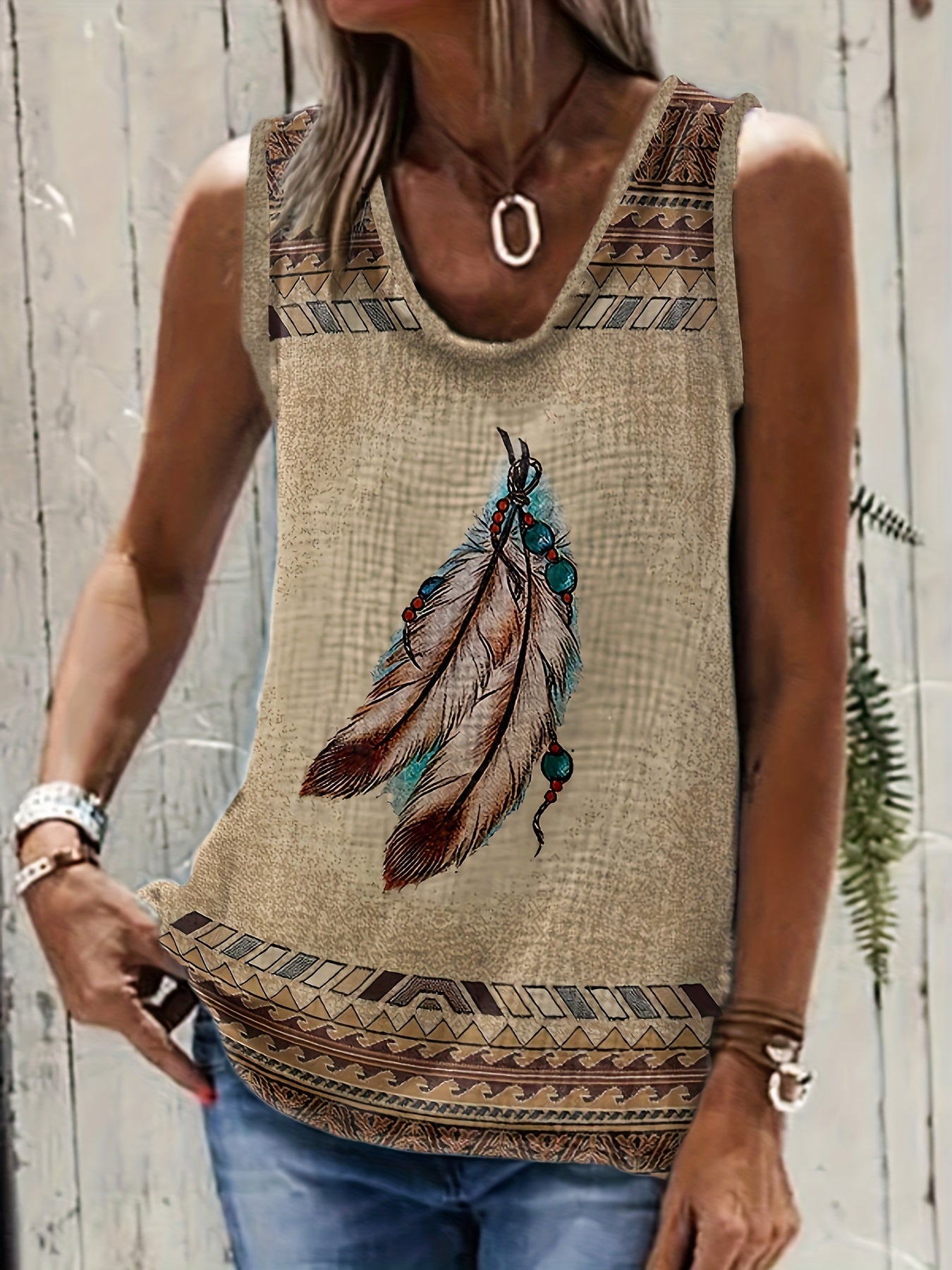 Vzyzv Summer Tank Top: Feather Print + Ethnic Style + Casual Wear for Women