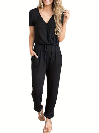 Vzyzv Solid Drawstring Waist V-neck Jumpsuit, Casual Short Sleeve Jumpsuit For Spring & Summer, Women's Clothing