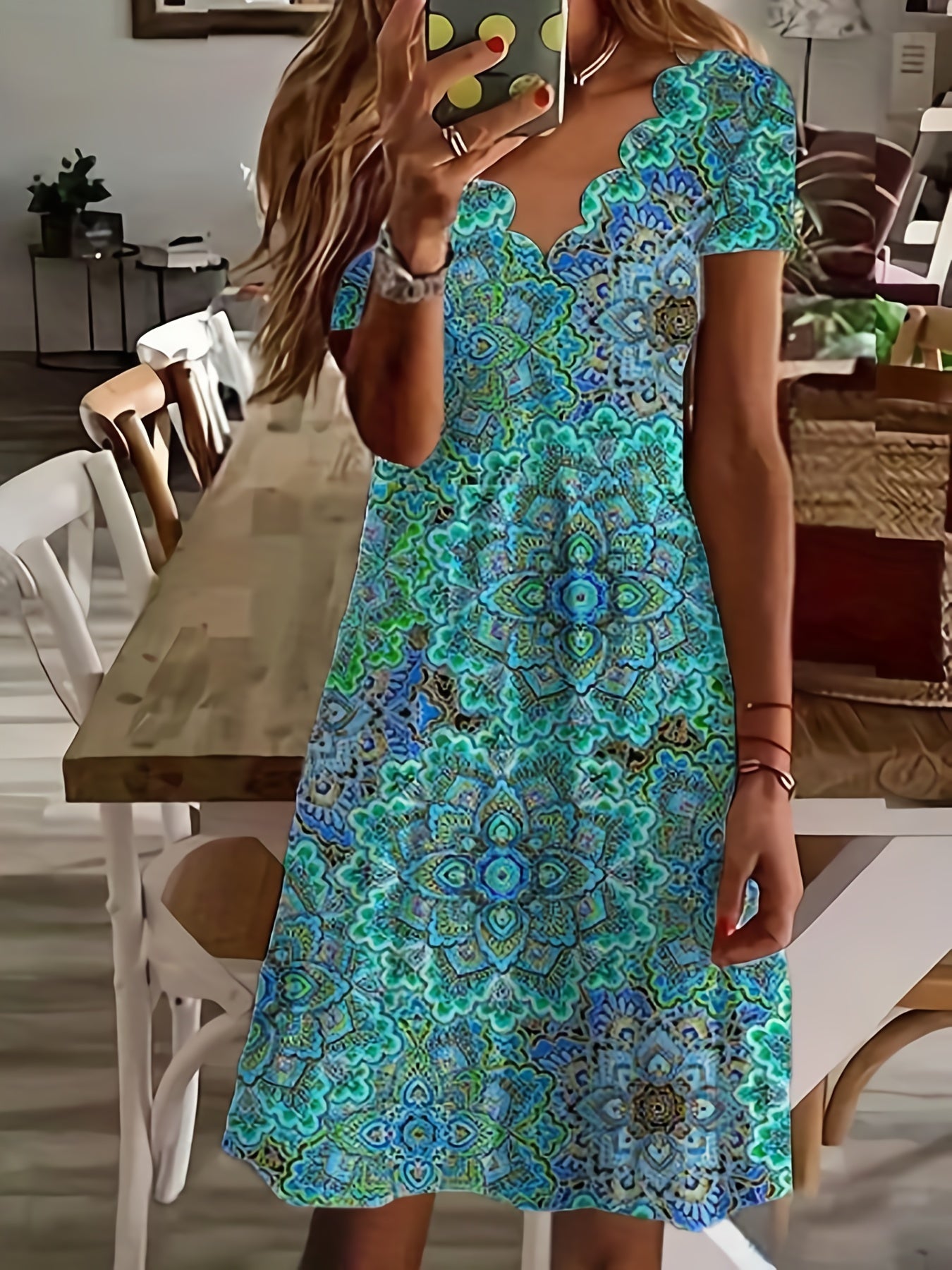 Vzyzv Scallop Trim Random Floral Print Dress, Casual V Neck Short Sleeve Dress, Women's Clothing