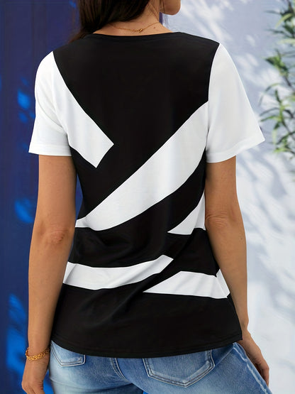 Vzyzv Colorblock Stripe Print V Neck T-Shirt, Casual Short Sleeve Top For Spring & Summer, Women's Clothing