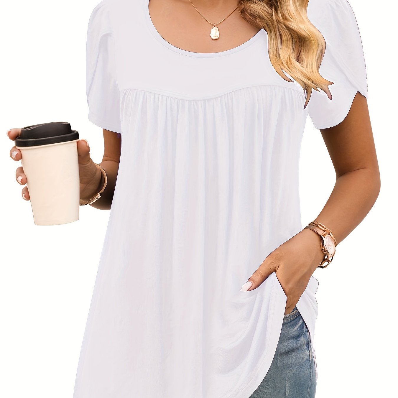 Vzyzv Solid Pleated Crew Neck T-Shirt, Casual Petal Sleeve Top For Spring & Summer, Women's Clothing