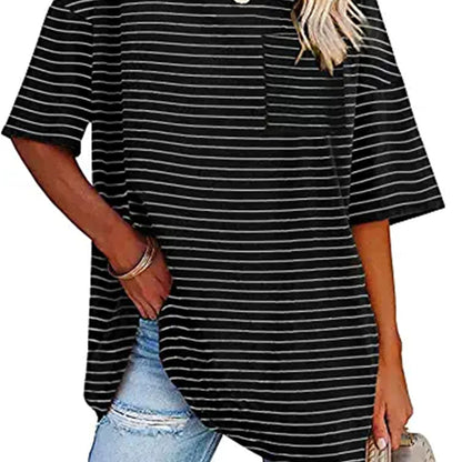 Vzyzv Women's T-Shirt Casual Striped Oversized Short Sleeve Crew Neck Loose T-Shirt