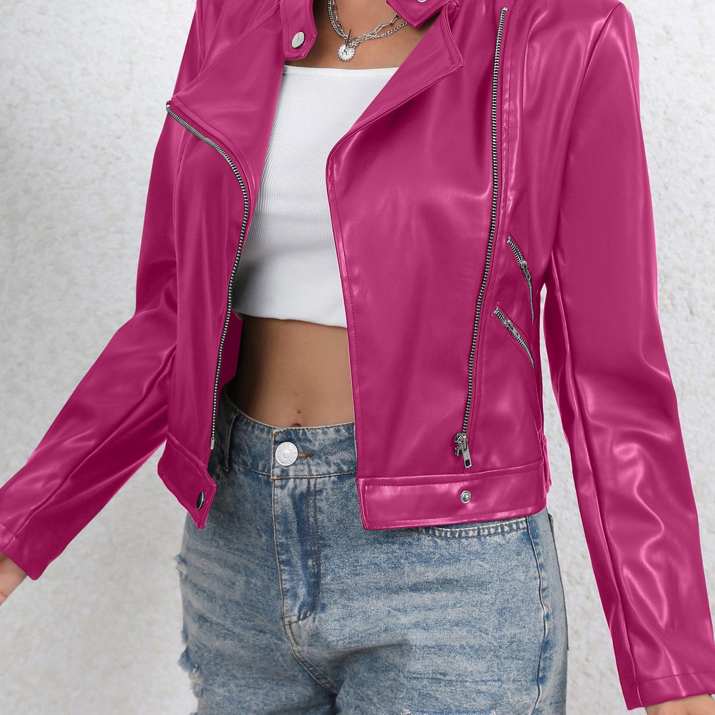 Vzyzv Faux Leather Zip Up Jacket, Biker Long Sleeve Jacket For Fall & Winter, Women's Clothing