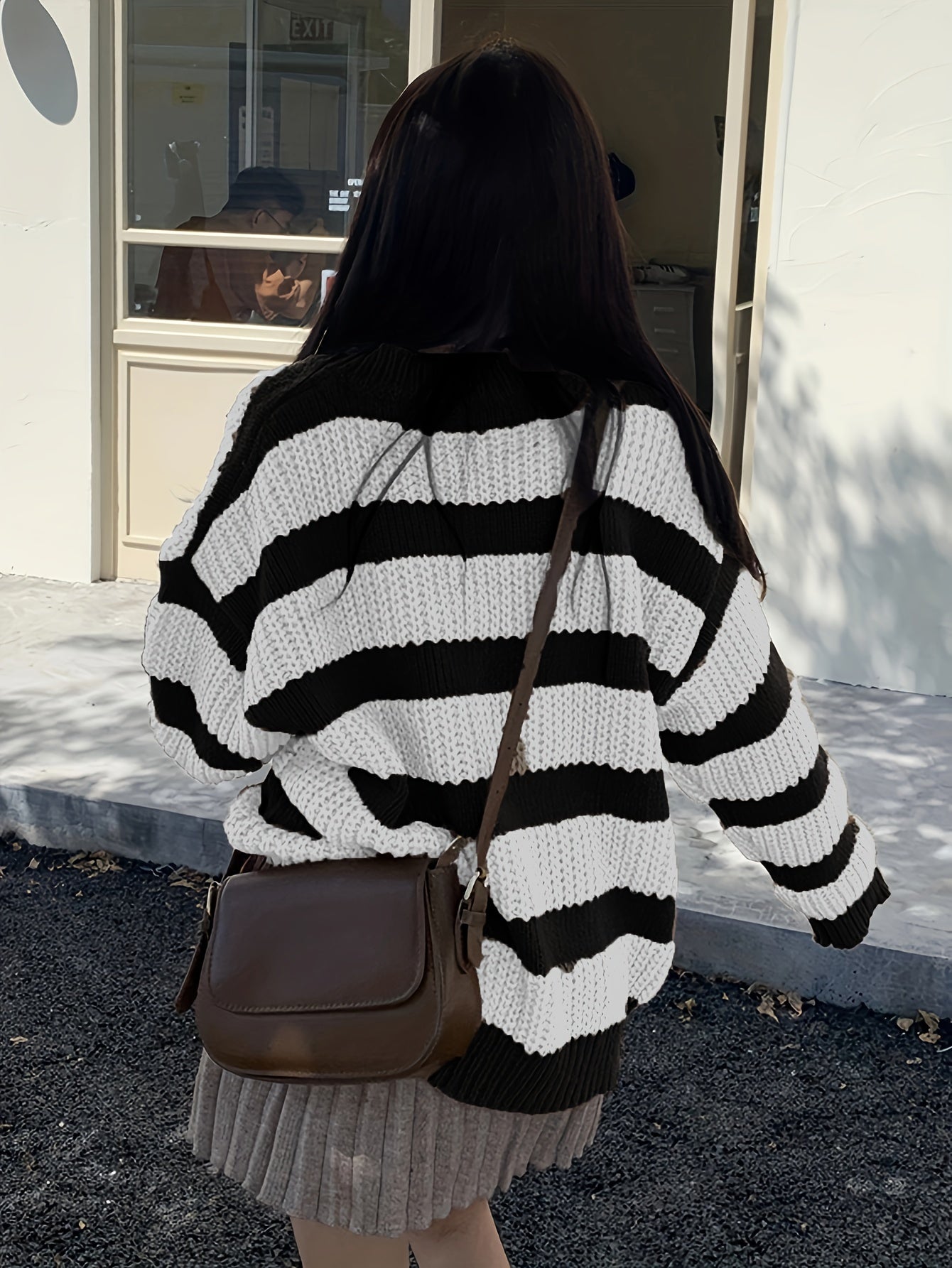 Vzyzv Striped V Neck Pullover Sweater, Casual Long Sleeve Drop Shoulder Sweater, Women's Clothing