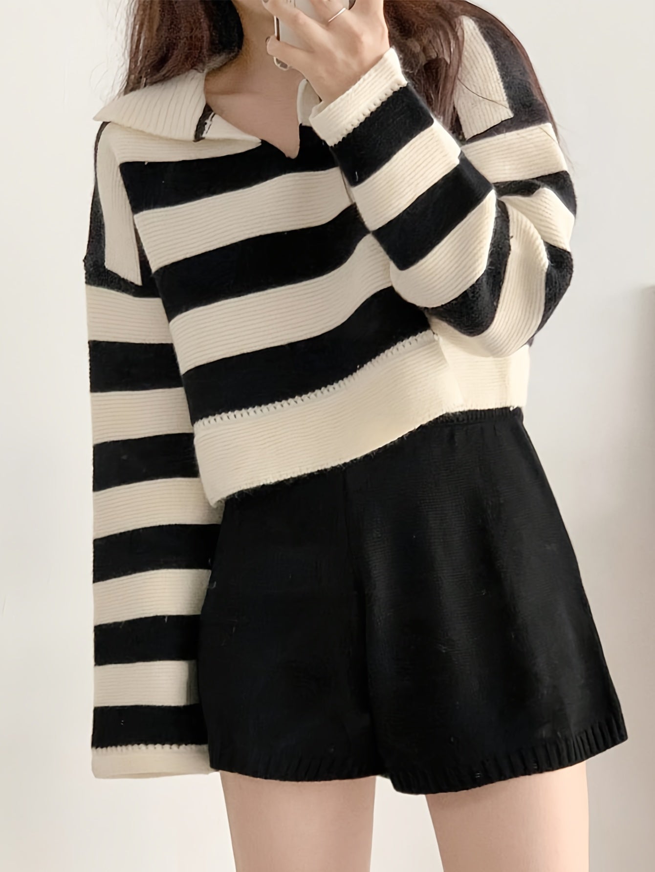 Vzyzv Striped Notched Collar Pullover Sweater, Casual Long Sleeve Loose Crop Sweater, Women's Clothing