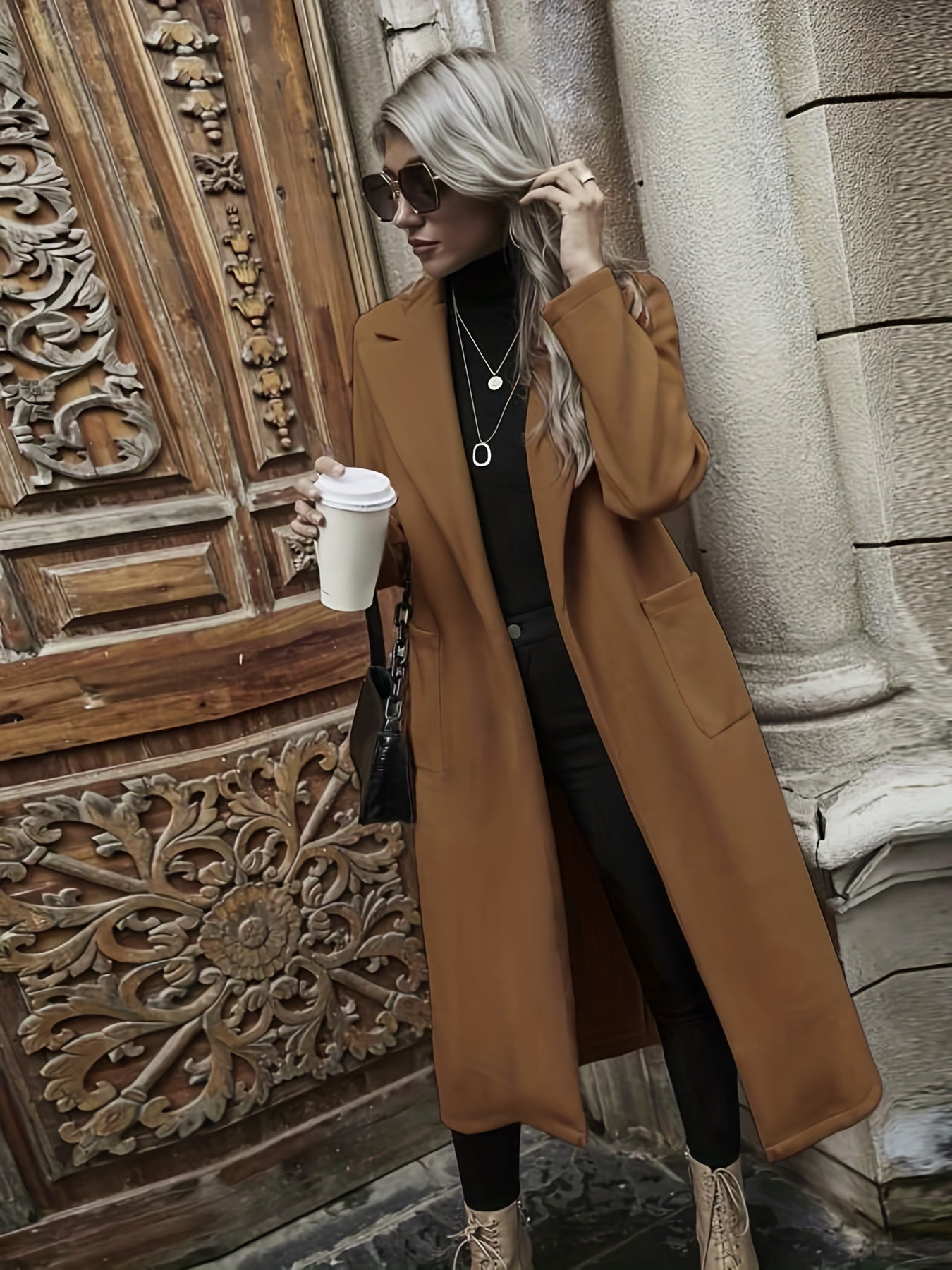 Vzyzv Solid Long Length Trench Coat, Elegant Long Sleeve Versatile Outerwear, Women's Clothing