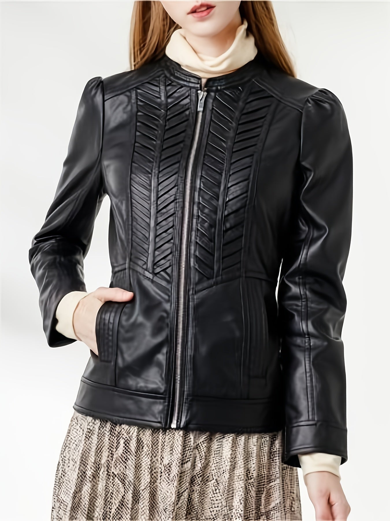 Vzyzv Faux Leather PU Zipper Coat, Elegant Woven Pattern Long Sleeve Fashion Loose Slim Outerwear, Women's Clothing
