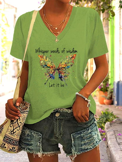 Vzyzv Letter & Butterfly Print T-Shirt, V Neck Short Sleeve T-Shirt, Casual Every Day Tops, Women's Clothing