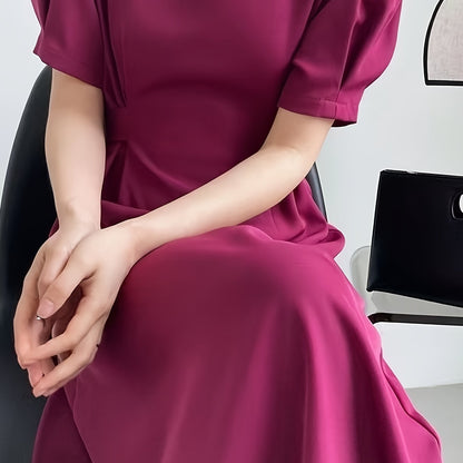 Vzyzv Solid Squared Neck Short Sleeve Tie Back Dress, Elegant Ruffled Hem Stylish Maxi Dress, Women's Clothing