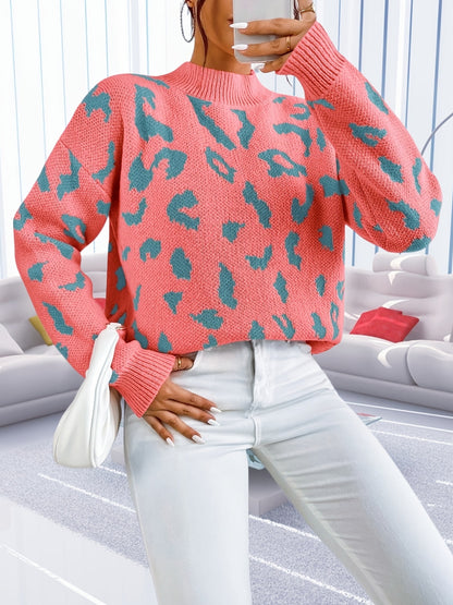 Vzyzv Graphic Pattern Mock Neck Pullover Sweater, Casual Long Sleeve Sweater, Women's Clothing
