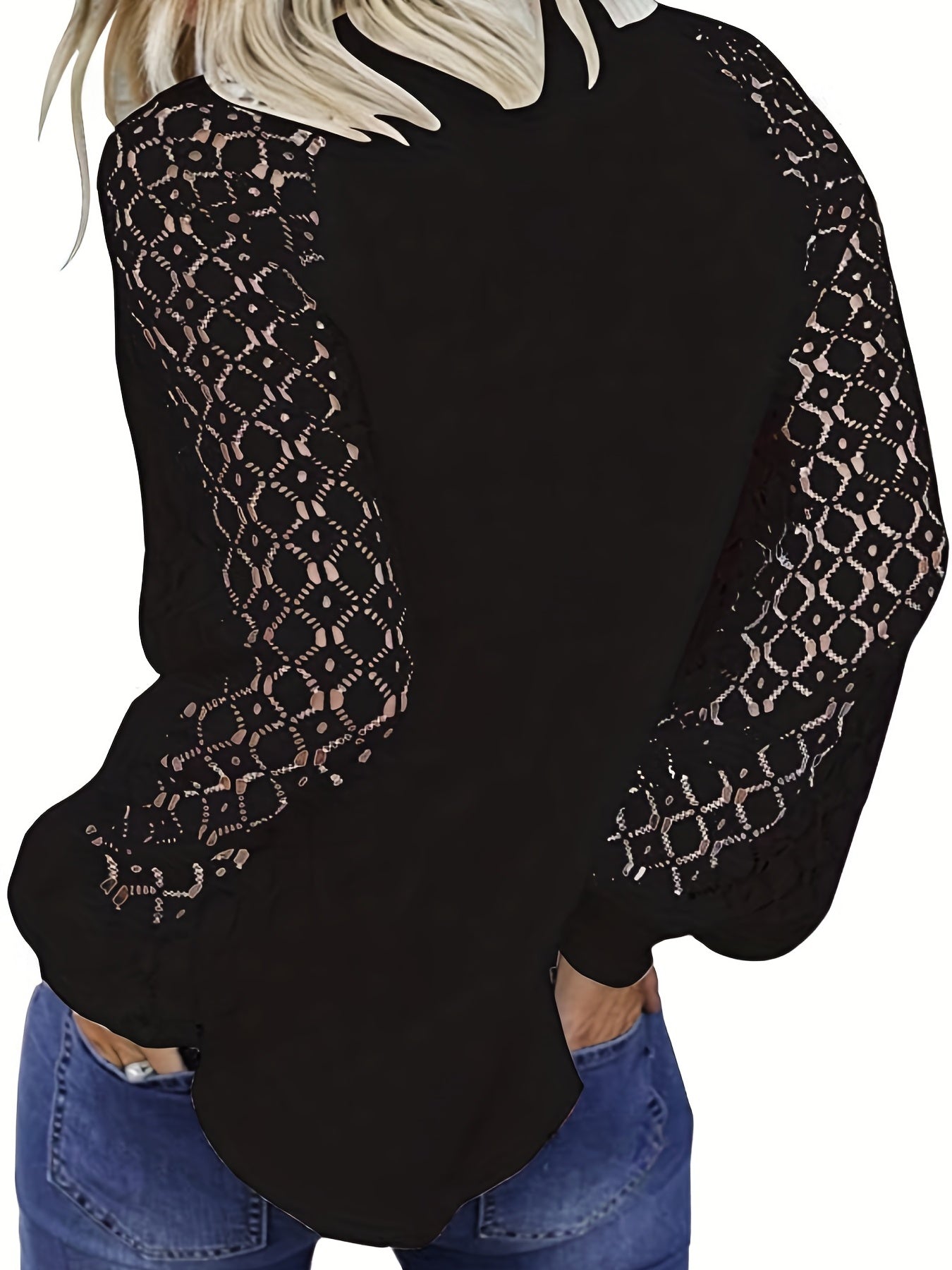 Vzyzv Contrast Lace Crew Neck T-Shirt, Casual Long Sleeve Top For Spring & Fall, Women's Clothing