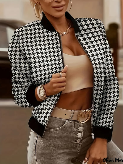 Vzyzv Houndstooth Print Bomber Jacket, Casual Zip Up Long Sleeve Outerwear, Women's Clothing