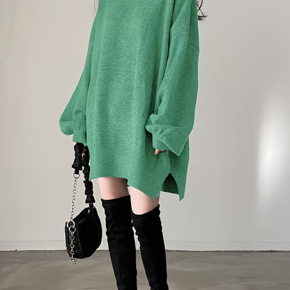 Vzyzv Solid Turtle Neck Oversized Sweater, Casual Long Sleeve Split Sweater, Women's Clothing