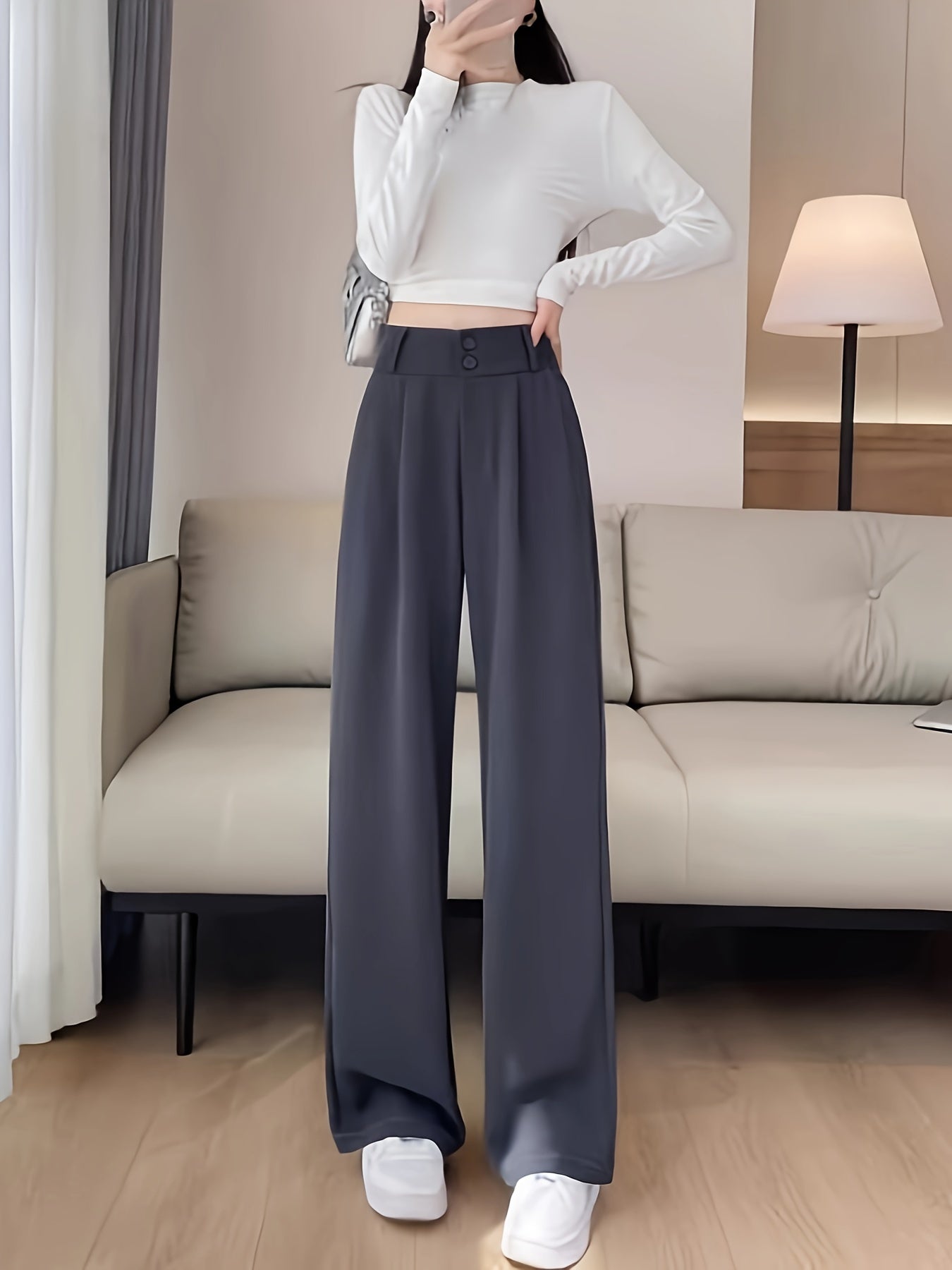Vzyzv Solid Color Straight Leg Pants, Casual High Waist Loose Pants For Spring & Fall, Women's Clothing