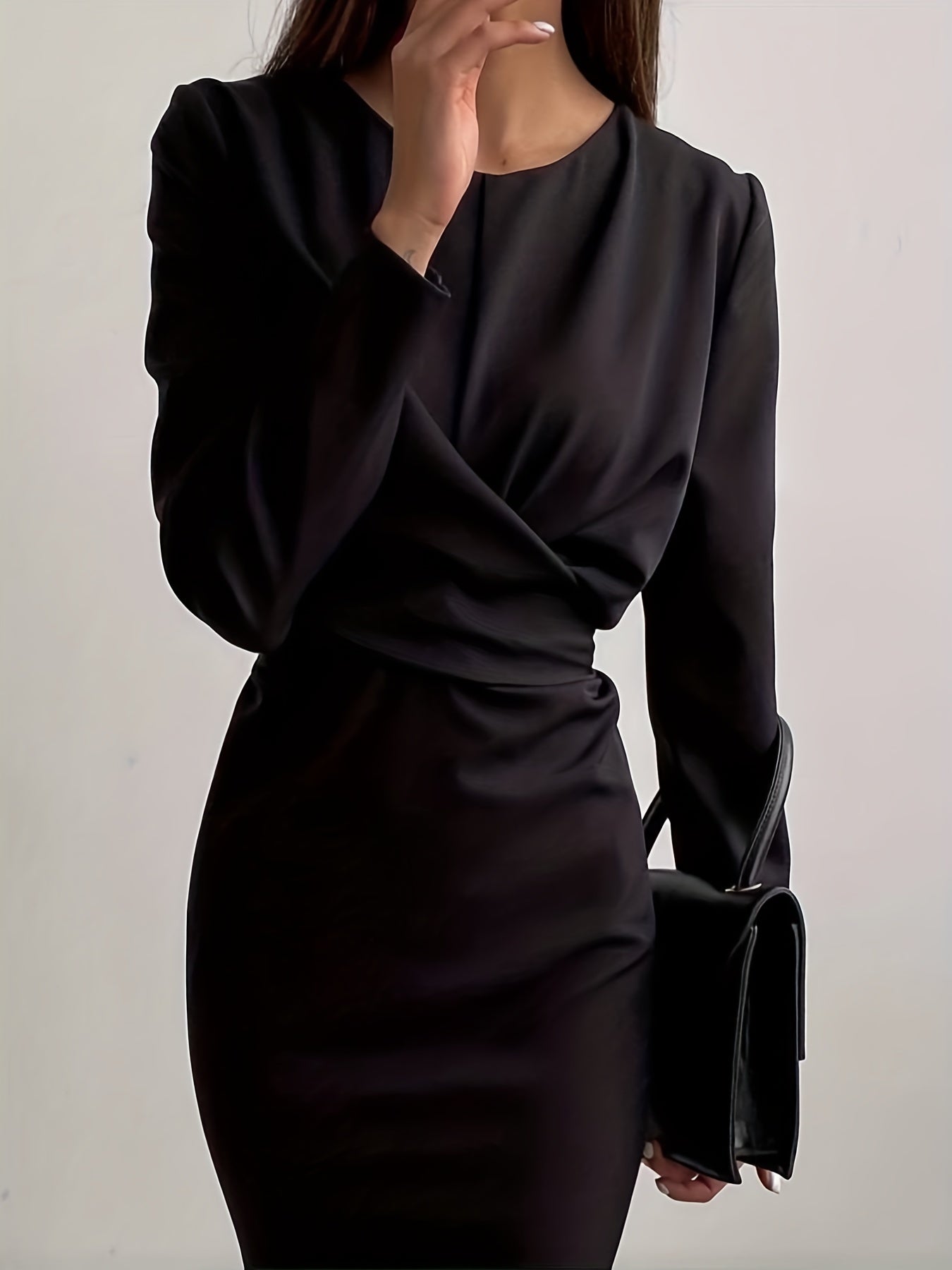 Vzyzv Split Bodycon Dress, Elegant Round Neck Long Sleeve Dress, Women's Clothing