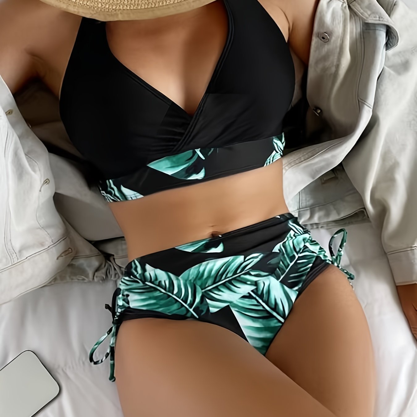 Vzyzv Contrast Leaf Print Halter Neck Bikini Sets, Drawstring Tie Side High Cut Two Piece Swimsuit, Women's Swimwear & Clothing