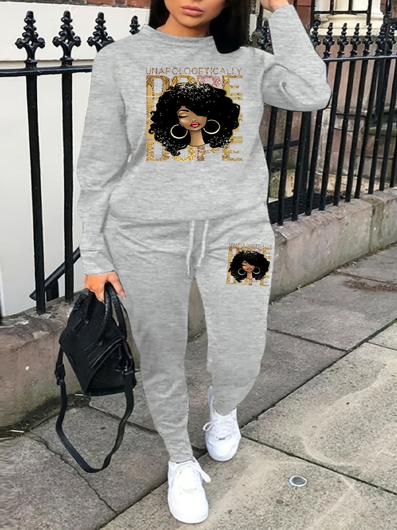 Vzyzv Plus Size Figure Print Sweatshirt & Drawstring Sweatpants Set, Women's Plus Slight Stretch Casual 2pcs Set Outfits