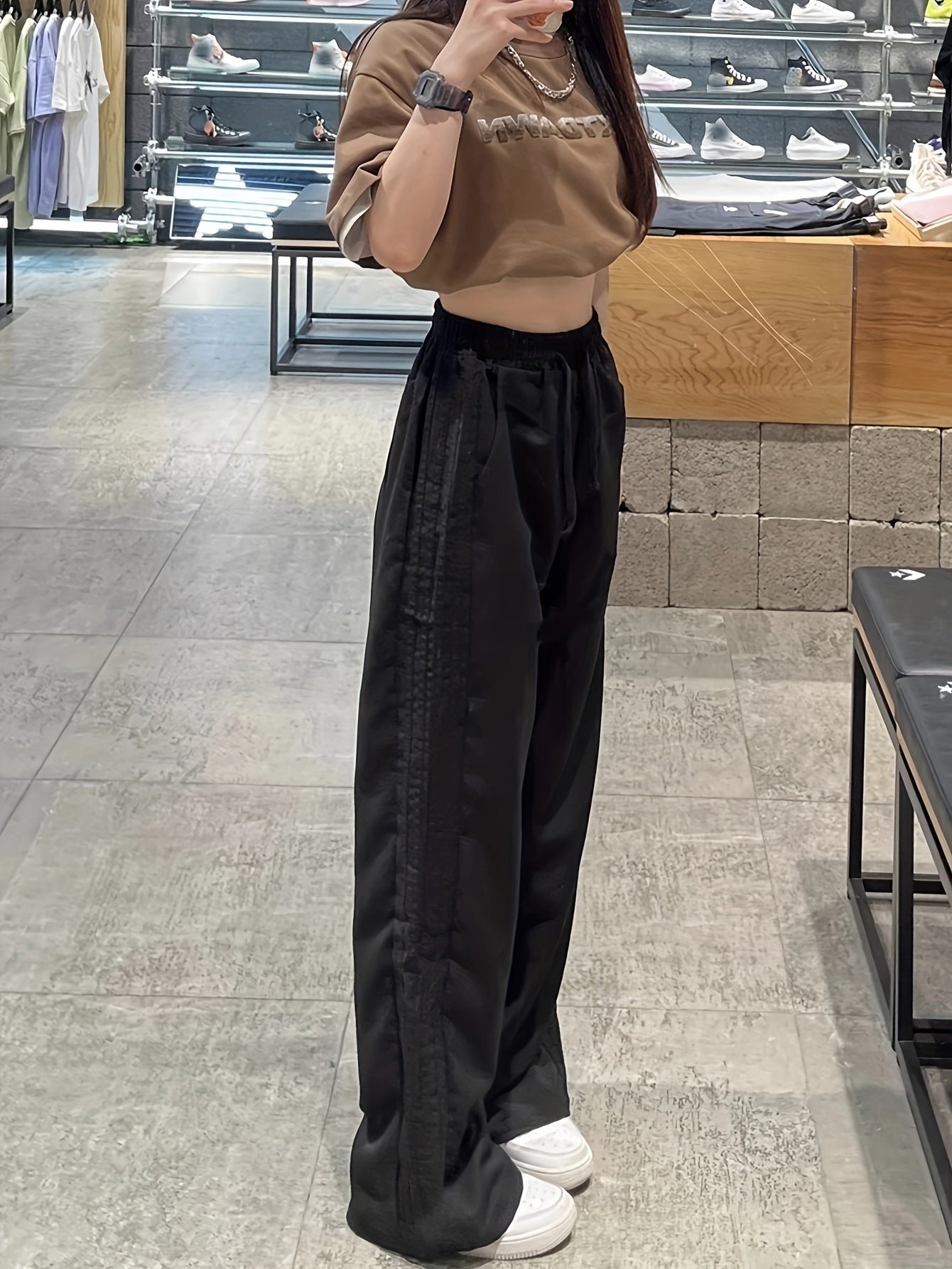 Vzyzv Solid Drawstring Wide Leg Pants, Casual High Waist Long Length Loose Pants, Women's Clothing