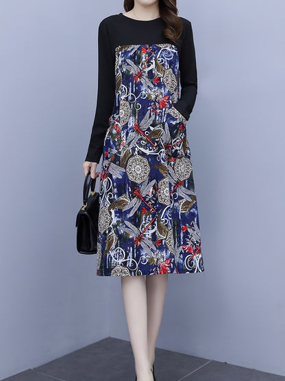 Vzyzv Dragonfly Print Dress, Casual Crew Neck Long Sleeve Midi Dress With Pocket, Women's Clothing