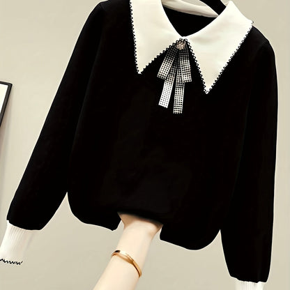 Vzyzv Long Sleeve Shirt Collar Sweater, Spring & Fall Elegant Casual Warm Sweater, Women's Clothing
