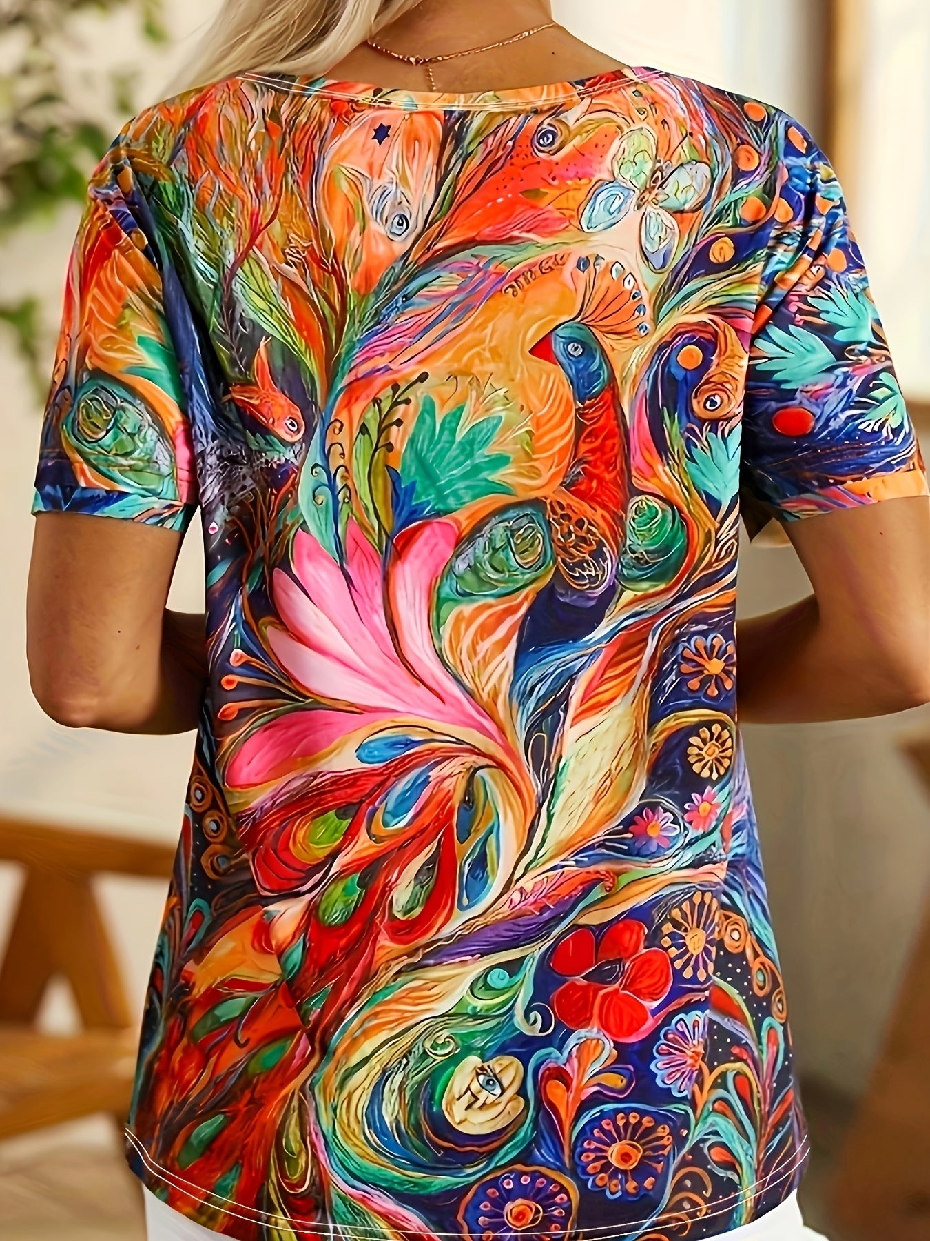 Vzyzv Colorful All Over Print V Neck T-Shirt, Casual Short Sleeve T-Shirt For Spring & Summer, Women's Clothing
