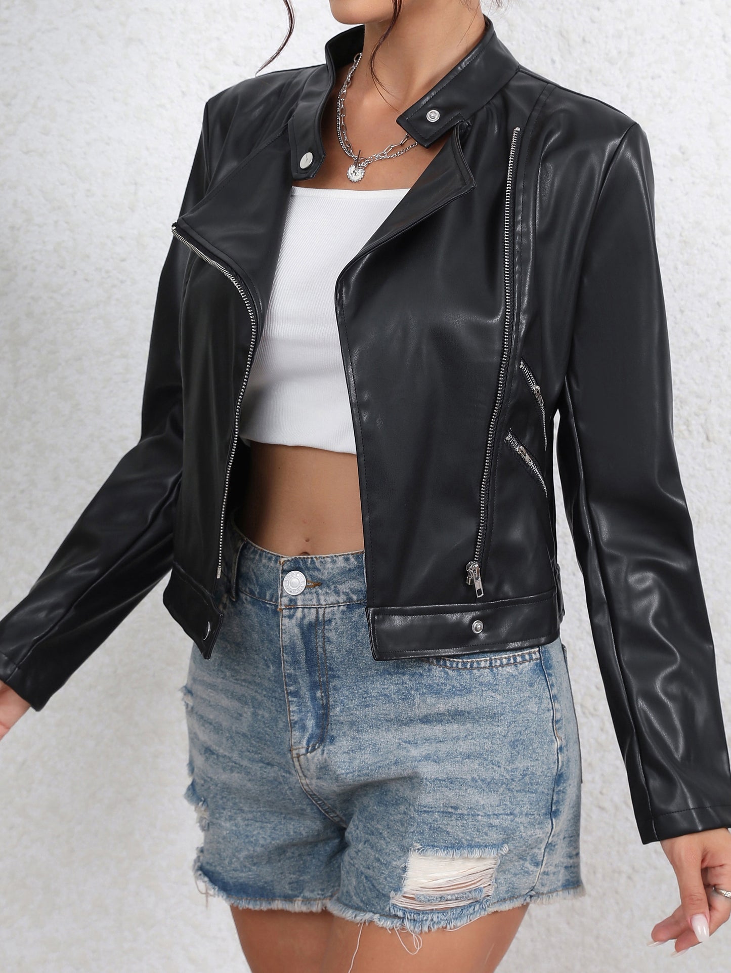 Vzyzv Faux Leather Zip Up Jacket, Biker Long Sleeve Jacket For Fall & Winter, Women's Clothing