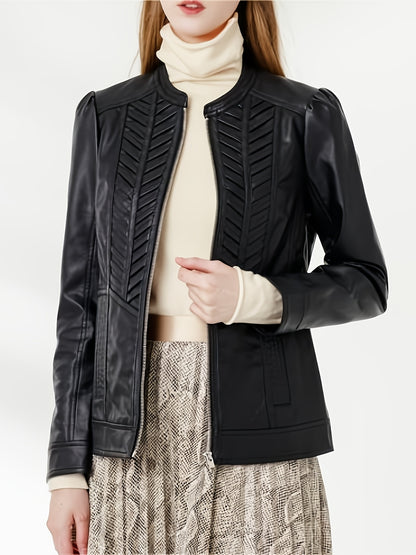 Vzyzv Faux Leather PU Zipper Coat, Elegant Woven Pattern Long Sleeve Fashion Loose Slim Outerwear, Women's Clothing