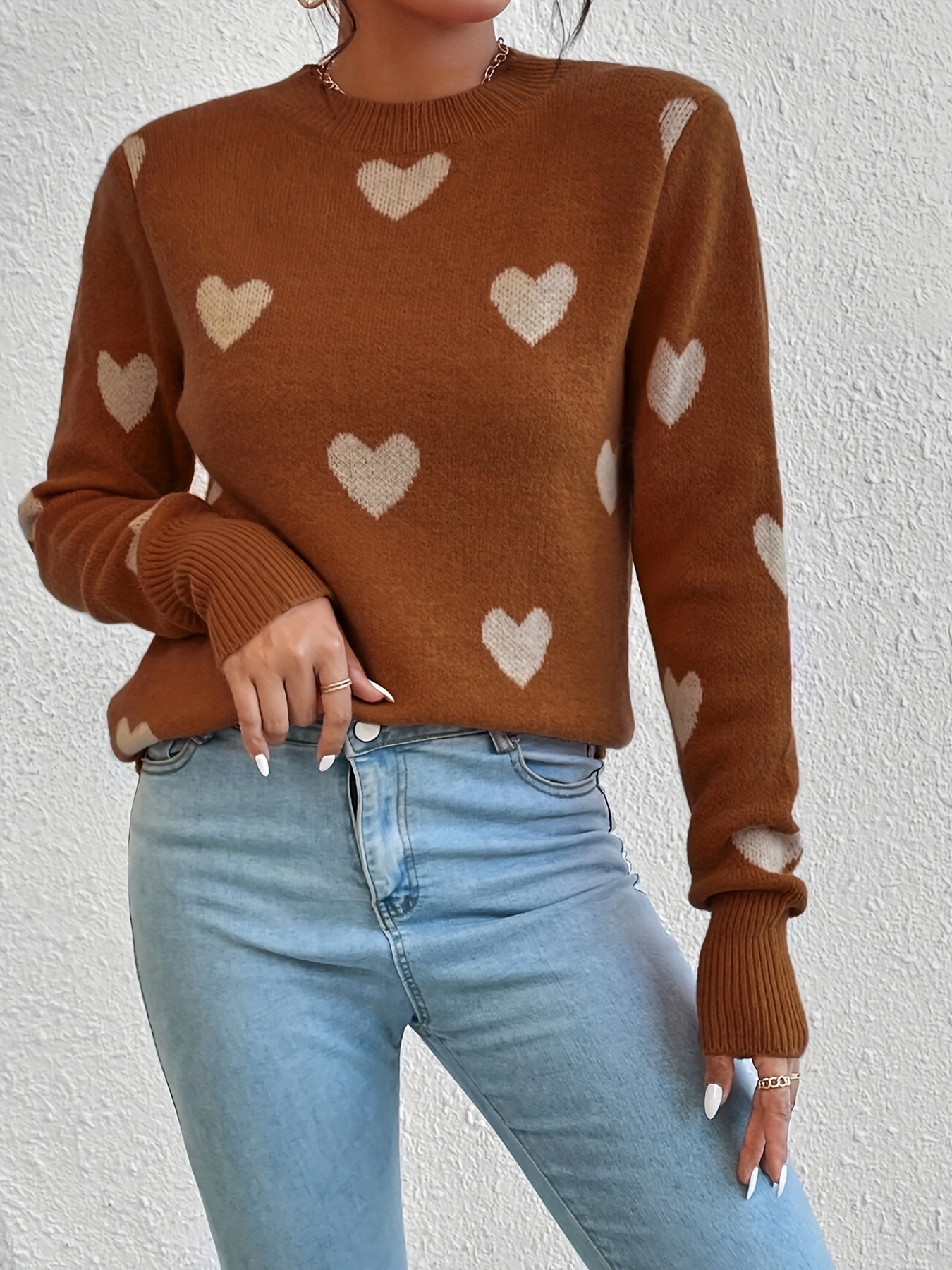 Vzyzv Heart Pattern Crew Neck Sweater, Casual Long Sleeve Pullover Sweater, Women's Clothing