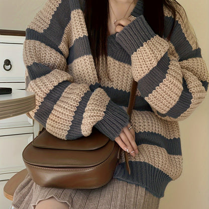 Vzyzv Striped V Neck Pullover Sweater, Casual Long Sleeve Drop Shoulder Sweater, Women's Clothing