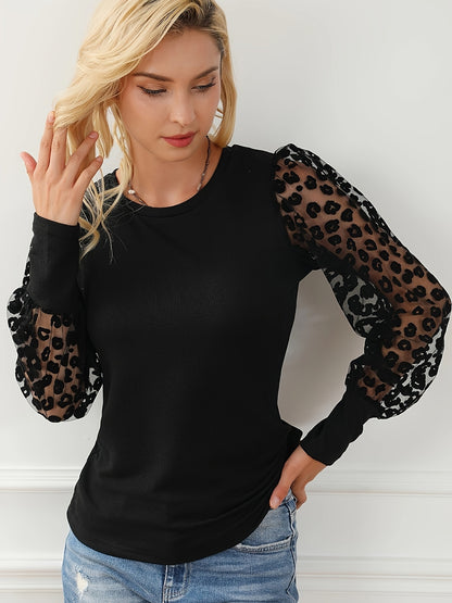 Vzyzv Leopard Illusion Sleeve Top, Casual Crew Neck Slim Top, Women's Clothing