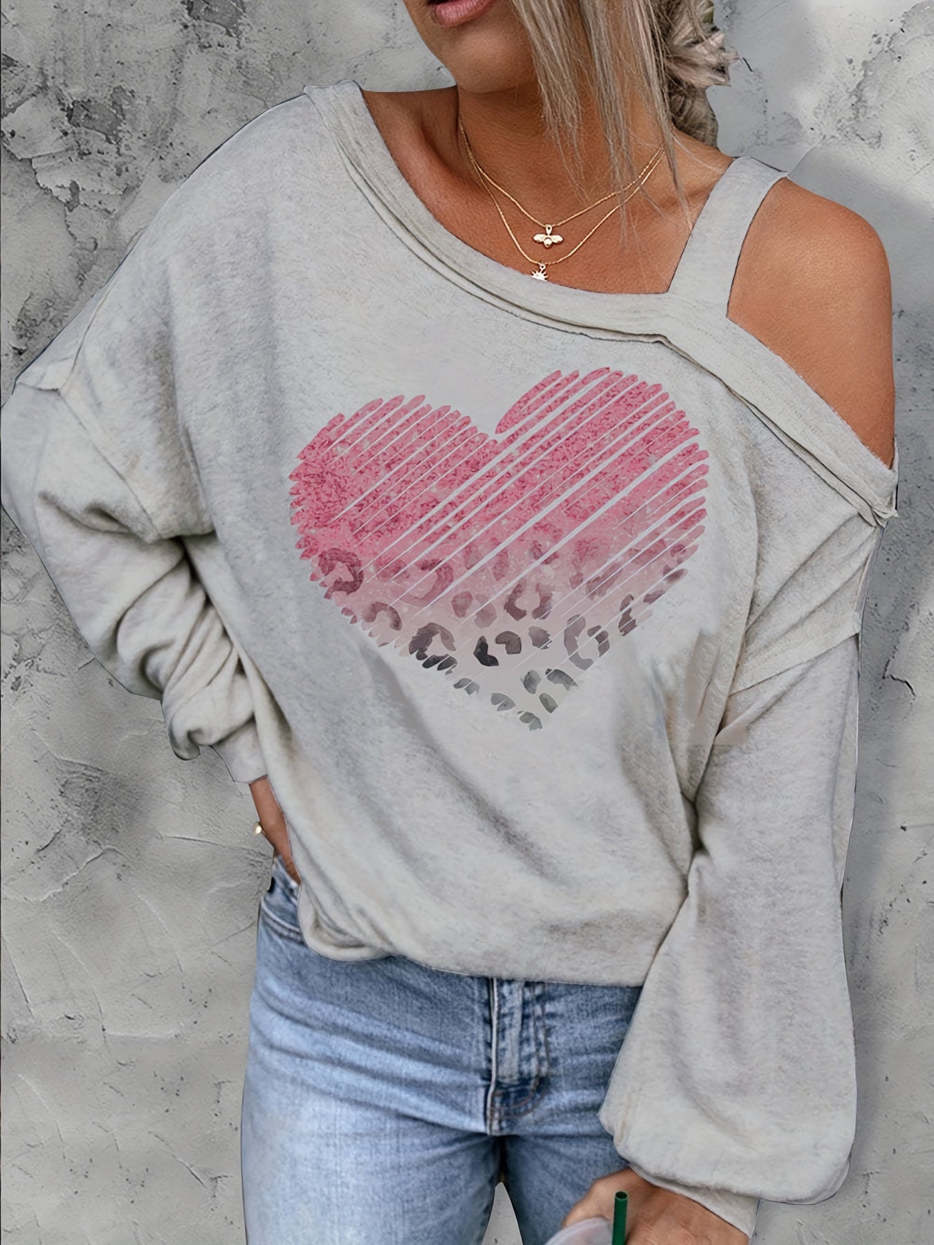 Vzyzv Heart Print One Shoulder Tee, Sexy Long Sleeve T-shirt,, Women's Clothing