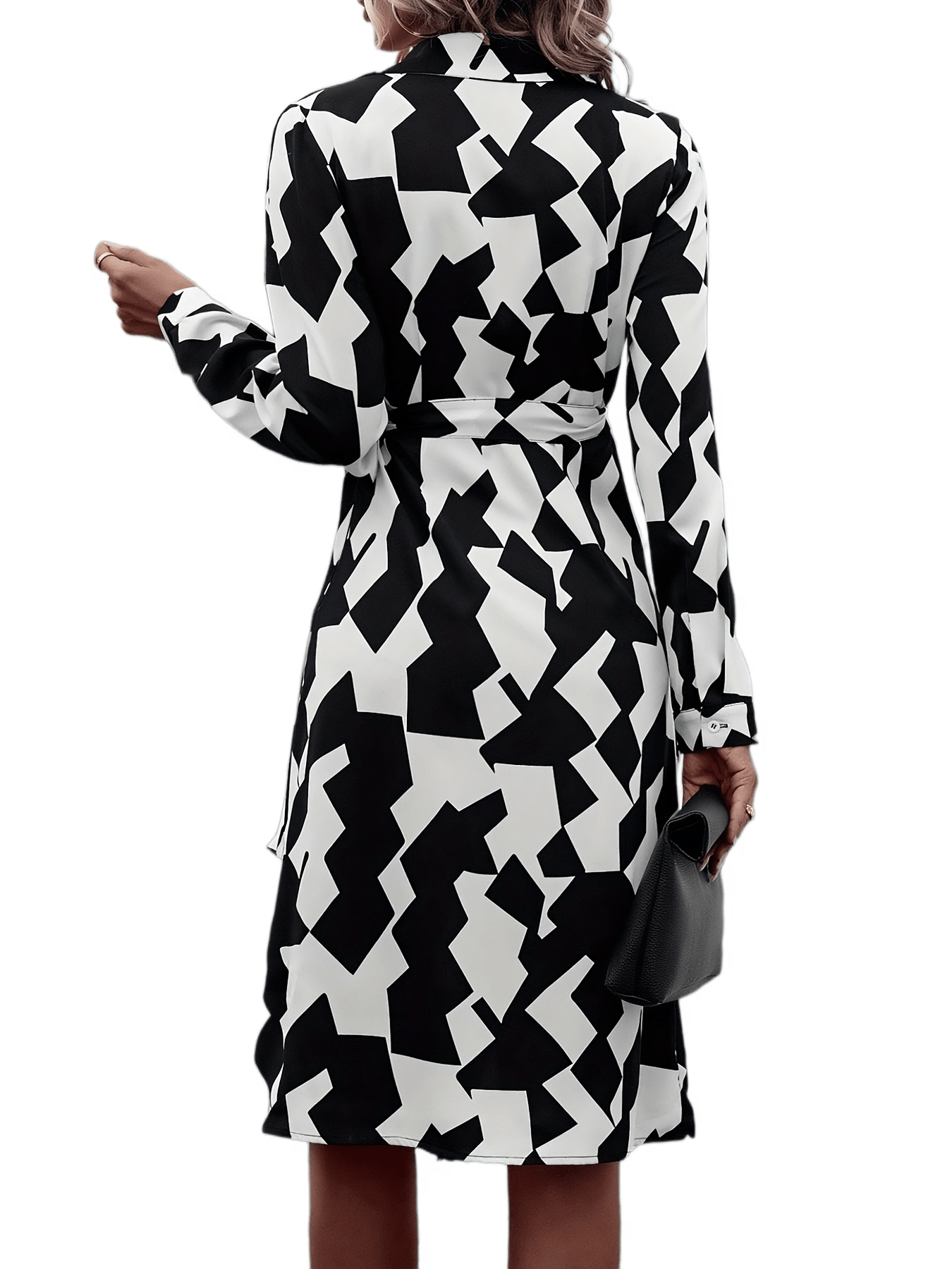 Vzyzv Geo Print Wrap V Neck Dress, Elegant Long Sleeve Dress For Spring & Fall, Women's Clothing