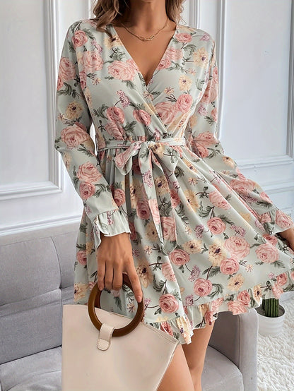 vzyzv  Floral Print Ruffle Hem A-line Dress, Casual Long Sleeve Surplice Neck Tied Dress, Women's Clothing