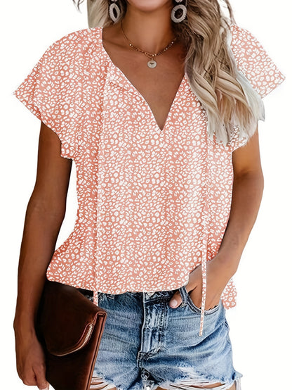 Vzyzv V Neck Flutter Sleeve Blouse, Loose Casual Top For Summer & Spring, Women's Clothing