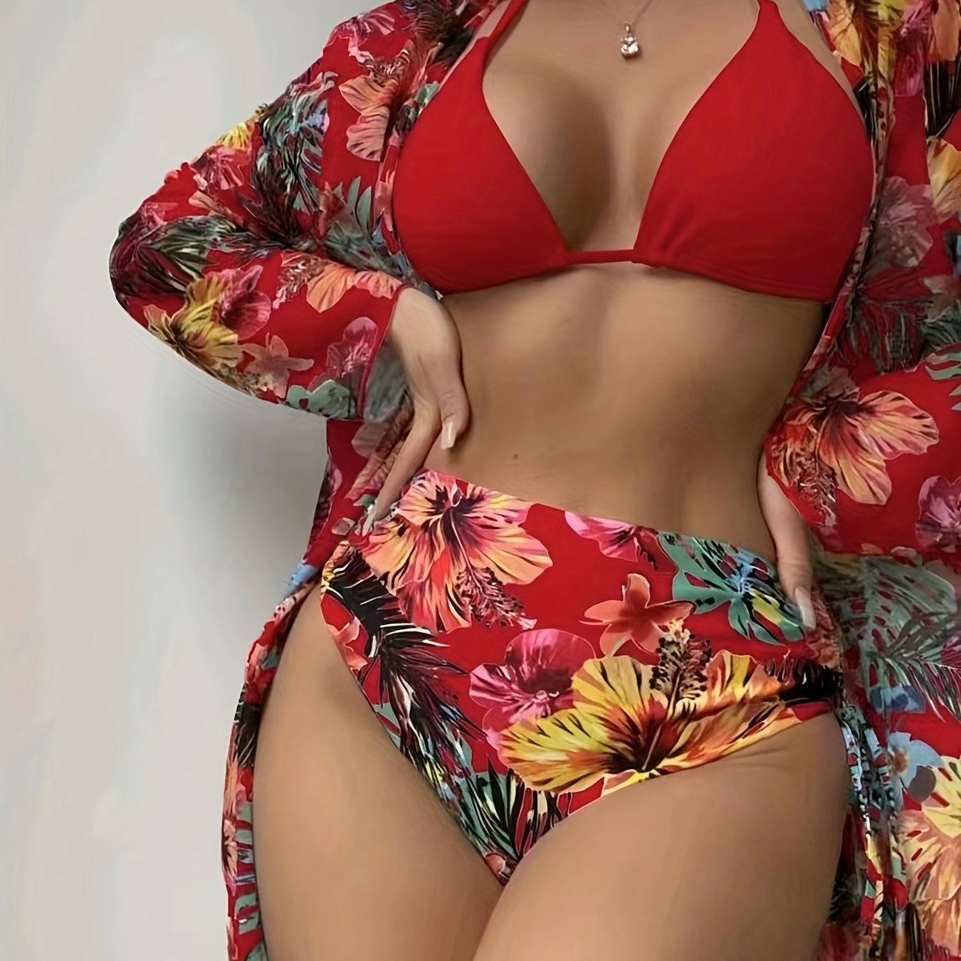 Vzyzv 3-Pieces Tropical Print Bikini Sets, Halter Neck Tie Back Tie Side High Cut With Cover Up Shirt Swimsuit, Women's Swimwear & Clothing